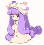  1girl ass breasts capelet crescent crescent_moon female hat long_hair moon nude patchouli_knowledge purple_eyes purple_hair randou sitting solo touhou very_long_hair 