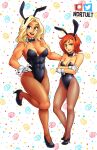 2girls beverly_(nortuet) big_breasts blonde_hair blue_eyes breasts bunny_girl bunnysuit cleavage curvy easter embarrassed embarrassment female_only green_eyes happy_female long_hair looking_aside medium_hair multiple_girls muscular muscular_female nortuet nortuet_universe open_mouth orange_hair original red_hair shy small_breasts smile tara_(nortuet) wide_hips