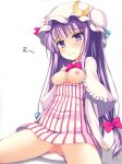  1girl :&lt; arm_support blush bow breasts breasts_outside crescent female hair_bow hat hat_bow long_hair nightgown nipples no_panties patchouli_knowledge purple_eyes purple_hair sitting solo touhou yako 
