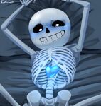 1boy 2d 2d_(artwork) animated_skeleton arms_up artist_name blue_blush blush blushing bottom_sans completely_nude digital_media_(artwork) doiduh hands_over_head hands_up heart legs_apart looking_at_viewer lying_on_back lying_on_bed monster monster_boy nude nude_male sans sans_(undertale) skeleton solo_male soul spread_legs sweat sweating tumblr uke_sans undead undertale undertale_(series) video_game_character video_games