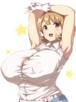 1girl armpits arms_behind_head arms_up big_breasts blouse blush breasts brown_eyes brown_hair clothed_female female female_focus female_only gesture gloves huge_breasts moisture_(chichi) narusawa_ryouka occultic;nine open_mouth puffy_nipples shirt short_hair simple_background smile solo solo_female solo_focus tagme teen v