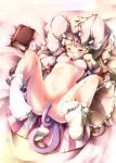  1girl animal_ears bed_sheet blush book breasts cat_ears cat_tail censored female footwear hat insertion long_hair lying mosaic_censoring navel nipples nude object_insertion on_back open_mouth patchouli_knowledge purple_eyes purple_hair pussy socks solo sugiyuu tail touhou 