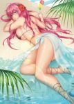  1girl bikini blue_eyes blush breasts cocktail double_click_(artist) female large_breasts long_hair looking_at_viewer looking_back lying megurine_luka on_stomach pink_hair sarong sideboob solo swimsuit twintails very_long_hair vocaloid wet 
