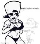 1girl almost_naked ass bald belly big_breasts black_eyes black_panties blush blush_lines curvy emoji female_focus hat jace_(jacefunny) jacefunny jacethefunny lifting_shirt line_art male meme monochrome panties shirt showing_off suggestive talking_to_viewer thighs top_hat