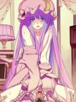  1girl blood blue_eyes blush censored cowgirl_position fakepucco female girl_on_top hat long_hair patchouli_knowledge penis pov purple_hair sex solo_focus straddle straddling tears touhou vaginal very_long_hair virgin 