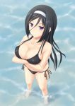  1girl bad_feet barefoot big_breasts bikini black_bikini black_hair botan_m breast_hold breasts cleavage crossed_arms feet_in_water female foreshortening from_above hairband hyouka irisu_fuyumi large_breasts long_hair multiple_girls partially_submerged perspective purple_eyes side-tie_bikini soaking_feet solo swimsuit wading water wet 