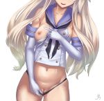 1girl black_panties blonde_hair breast_slip breasts elbow_gloves futanari gloves head_out_of_frame jon_sandman kantai_collection long_hair nipples one_breast_out open_mouth panties panty_pull personification pussy shaved_pussy shimakaze_(destroyer) shimakaze_(kantai_collection) simple_background smile solo uncensored underwear white_background white_gloves
