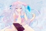  1girl bare_legs bare_shoulders blue_hair blush book collarbone crescent crystal female flat_chest hat heri long_hair multicolored_hair navel nude patchouli_knowledge pink_eyes pink_hair solo touhou two-tone_hair very_long_hair 