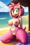 1girl ai_generated amy_rose beach beach_towel beach_umbrella breasts female_only green_eyes mobians.ai pink_hair pussy sega sonic_the_hedgehog_(series) thick_thighs water