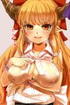  1girl alternate_breast_size blush bracelet breast_hold breasts bust cleavage covered_nipples dress_shirt erect_nipples fang female horns ibuki_suika jewelry large_breasts long_hair looking_at_viewer nishiuri open_clothes open_mouth open_shirt orange_eyes orange_hair pointy_ears rough shirt sketch smile solo touhou unbuttoned upper_body 