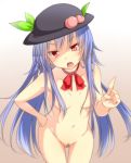  1girl bandaid bandaid_on_pussy blue_hair female food fruit hair_censor hat hinanawi_tenshi long_hair looking_at_viewer navel nude open_mouth peach red_eyes small_breasts solo tori_(minamopa) touhou 