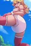  1girl 1girl big_breasts blonde_hair blue_eyes breasts cloud diaper female_only hair lilith_fetish long_hair looking_at_viewer looking_down mario_(series) no_pants outside pacifier princess_peach spread_legs standing stockings 