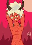 1boy artist_name demon demon_boy demon_horns hands_behind_head horns male_only red_body red_skin self_upload sexy_body smgbullet solo_male white_hair yaoi yellow_eyes