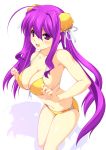  1girl :d ahoge bikini breasts bun_cover cleavage double_bun double_buns female front-tie_top kinoshita_ichi large_breasts long_hair navel open_mouth original purple_eyes purple_hair shiny shiny_skin smile standing strap_gap swimsuit twintails 