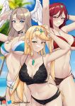  3_girls alluring arm_up arms_behind_head bangs bare_arms bare_shoulders big_breasts bikini black_bra black_choker black_panties blonde_hair blue_bikini blue_eyes blue_sky blush bra breasts brown_hair choker cleavage core_crystal cowboy_shot damodar day eunie_(xenoblade) female_only grin head_wings heroine heroines high_res long_hair looking_at_viewer milf multi-strapped_bikini multiple_girls mythra navel official_alternate_costume outside panties parted_lips posing pyra red_bikini red_eyes red_hair sarong sky smile standing stomach swimsuit thighs underwear underwear_only voluptuous wings wings_on_head xenoblade_(series) xenoblade_chronicles_2 xenoblade_chronicles_3 yellow_eyes 