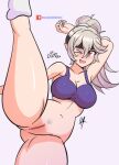 1girl alluring arm_behind_head ass ass_visible_through_thighs bare_arms bare_midriff big_breasts boots breasts corrin_(fire_emblem) corrin_(fire_emblem)_(female) fang female_only fire_emblem fire_emblem_fates grey_background grey_hair high_kick kick kicking leg_lift long_hair midriff naked_from_the_waist_down nintendo open_mouth ponytail pubic_hair pussy raydango red_eyes slit_pupils smile sports_bra spread_legs tears thick_thighs workout