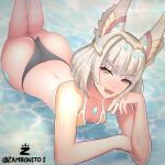  1girl absurd_res alluring ass bare_back bare_shoulders bikini black_bikini black_swimsuit blush breasts bubble_butt cat_ears catgirl cleavage core_crystal facial_markings female_only high_res large_ass leaning_forward legs legs_up looking_at_viewer looking_up monolith_soft nia nia_(blade)_(xenoblade) nia_(xenoblade) nintendo open_mouth partially_submerged queen royalty short_hair silver_hair small_breasts swimsuit thick_thighs thighs water xenoblade_(series) xenoblade_chronicles_3 yellow_bikini yellow_eyes yellow_swimsuit zambonito 