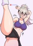 1girl alluring arm_behind_head ass ass_visible_through_thighs bare_arms bare_midriff big_breasts boots breasts corrin_(fire_emblem) corrin_(fire_emblem)_(female) fang female_only fire_emblem fire_emblem_fates grey_background grey_hair high_kick kick kicking leg_lift long_hair midriff nintendo open_mouth ponytail raydango red_eyes short_shorts slit_pupils smile sports_bra spread_legs tears thick_thighs workout