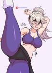 1girl alluring arm_behind_head ass ass_visible_through_thighs bare_arms bare_midriff big_breasts boots breasts corrin_(fire_emblem) corrin_(fire_emblem)_(female) fang female_only fire_emblem fire_emblem_fates grey_background grey_hair high_kick kick kicking leg_lift long_hair midriff nintendo open_mouth pantyhose ponytail raydango red_eyes short_shorts shorts slit_pupils smile spread_legs thick_thighs workout