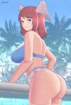  1girl alluring ass big_ass big_breasts blue_eyes blush breasts brown_hair eunie_(xenoblade) head_wings lackatask light-skinned_female nintendo palm_tree pool poolside smile swimming_pool swimsuit wings wings_on_head xenoblade_(series) xenoblade_chronicles_3 