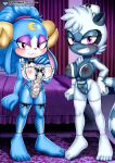 2girls ariem bbmbbf big_breasts blue_fur blue_hair blush breasts cameltoe erect_nipples feet forehead_mark fur horns looking_at_viewer mobius_unleashed palcomix sega sonic_the_hedgehog_(series) tangle_the_lemur toes white_fur