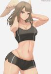  1girl 1girl 1girl alluring athletic_female big_breasts black_shorts blue_eyes bottomwear breasts brown_hair clothing eunie_(xenoblade) female_abs female_only fit_female gym_shorts gym_uniform hair shorts solo_female sports_bra thick_thighs thighs topwear wings_on_head xenoblade_(series) xenoblade_chronicles_3 zelc-face 