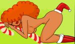 1girl 1girl 2015 breasts candy_cane cartoon_network christmas closed_eyes closed_mouth dat_ass duckymomoisme female_only green_background grin lipstick nude orange_hair powerpuff_girls red_legwear red_lipstick santa_hat sara_bellum smile smiling_at_viewer tagme vulva