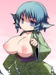  1girl animal_ears blue_eyes blue_hair blush breasts breasts_outside female hakika head_fins japanese_clothes large_breasts long_sleeves mermaid monster_girl nipples obi open_clothes pink_background puffy_nipples sash short_hair simple_background solo touhou wakasagihime 