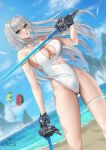  1girl alluring alternate_breast_size beach big_breasts blue_eyes breast_tattoo breasts cleavage dual_wielding ethel_(xenoblade) heroes_(xenoblade_3) high_res melon monolith_soft nintendo one-piece_swimsuit ryuuneart silver_hair swimsuit thick_thighs thighs water watermelon weapon wet white_swimsuit xenoblade_(series) xenoblade_chronicles_3 