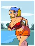  1girl areola bare_midriff bare_shoulders big_breasts big_breasts big_breasts blonde_hair blue_eyes breasts breasts_out cleavage female_focus female_only flashing flashing_breasts headwear hourglass_figure lindsay_(total_drama) long_hair miniskirt navel nipples pills-in-a-little-cup pinup pinup_pose skirt standing tagme tank_top tank_top_lift total_drama_island wide_hips 