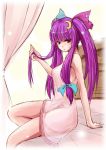  1girl alternate_costume alternate_hairstyle bed blush breasts crescent crescent_hair_ornament curtains fechirin female hair_ornament lingerie long_hair nightgown no_hat no_headwear patchouli_knowledge purple_hair solo touhou twintails underwear 