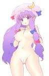  1girl bad_id blue_bow bow breasts crescent crescent_hair_ornament female hair_ornament hair_ribbon hat hat_ribbon large_breasts long_hair looking_at_viewer mob_cap navel nipples nude open_mouth patchouli_knowledge purple_eyes purple_hair pussy red_bow ribbon shaka_ineru solo touhou uncensored 