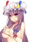 1girl blush breasts bust covering covering_breasts crescent female hair_ribbon hat kaoru_(rena12345) large_breasts long_hair nude open_mouth patchouli_knowledge purple_eyes purple_hair ribbon simple_background solo tears topless touhou upper_body white_background