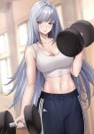  1girl 1girl abs absurd_res alluring athletic_female bare_arms bare_shoulders big_breasts big_breasts blue_eyes breast_tattoo breasts cleavage crop_top curvy dumbbell ethel_(xenoblade) female_abs female_only fit_female gym_pants high_res hourglass_figure long_hair mari48240422 monolith_soft nintendo silver_hair slim_waist sports_bra sweat sweatdrop sweating sweatpants tattoo thick_thighs thighs very_long_hair weightlifting weights white_topwear wide_hips working_out xenoblade_(series) xenoblade_chronicles_3 