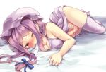  1girl bare_shoulders bed_sheet blush bow breasts cleavage female fingering hair_bow hat large_breasts long_hair masturbation patchouli_knowledge purple_eyes purple_hair purple_legwear pussy_juice sheet_bite sheet_grab sleeveless snowcanvas solo thighhighs touhou 