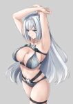  1girl alluring arms_up bare_legs big_breasts bikini blue_eyes breast_tattoo breasts cleavage ethel_(xenoblade) high_res long_hair midriff navel nintendo silver_hair smile swimsuit xenoblade_(series) xenoblade_chronicles_3 yuuuun0218 