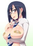  bandaid bandaids_on_nipples black_hair blush breast_hold breasts brown_eyes female glasses gradient gradient_background hayashi_custom large_breasts long_hair necktie original pasties semi-rimless_glasses shirt smile solo striped striped_necktie unbuttoned white_shirt 