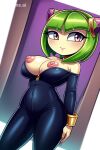  1girl ai_generated alien alien_girl alien_humanoid areola big_breasts black_widow black_widow_(cosplay) blush breasts cosmo_the_seedrian cosplay crossover crossover_cosplay eyelashes female gold_(metal) gold_bracelet gold_jewelry green_hair humanoid legs looking_at_viewer marvel mobians.ai nipples no_bra pink_areola pink_nipples plant plant_girl plant_humanoid purple_eyes seedrian sega short_hair solo sonic_(series) sonic_the_hedgehog_(series) sonic_x table thick_thighs thighs unzipped wide_hips 
