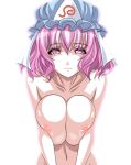  1girl breast_squeeze breasts bust female hat hgmg navel nude pink_eyes pink_hair red_eyes saburou_(hgmg) saigyouji_yuyuko short_hair solo touhou upper_body v_arms 