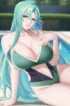 1girl alluring alternate_costume aqua_hair arm_support aslind_samure aslindsamure bare_midriff bare_thighs big_breasts blue_eyes braid breasts chloe_(fire_emblem) female_only fire_emblem fire_emblem_engage green_eyes green_one-piece_swimsuit green_swimsuit grin long_hair looking_at_viewer midriff nintendo on_side one-piece_swimsuit outside pool swimming_pool swimsuit thick_thighs thighs very_long_hair