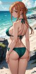 1girl ai_generated anime anime_style ass asuna_(sao) beach big_breasts bikini brown_eyes brown_hair green_bikini sword_art_online viewed_from_behind voluptuous_female yuuki_asuna