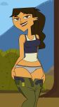  1girl axel_(tdi) breasts bush forest long_hair open_fly outside panties panty_pull solo solo_focus tjlive5 total_drama_island total_drama_island_(2023) tree unbuckled_belt underwear undressing 