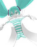 1girl aqua_eyes aqua_hair breasts cameltoe female from_below hatsune_miku kanzaki_muyu long_hair looking_at_viewer looking_down navel nipples pale_skin panties perspective price_tag simple_background sketch solo standing striped striped_panties tears text topless translated twintails underwear vocaloid white_background yufu 