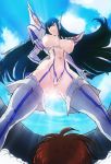  1girl black_hair blue_eyes blue_sky boots breastless_clothes breasts coin_(artist) coin_4432 elbow_gloves from_below gloves hand_on_hip headgear junketsu kill_la_kill kiryuuin_satsuki komoesuta_coin large_breasts long_hair navel nipples pauldrons perspective revealing_clothes sky solo_focus thick_thighs thigh_boots thighhighs thighs thrusters 