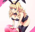  1_girl 1girl animal_ears bent_over blonde blonde_hair blue_eyes blush bow bowtie breasts bunny_ears bunnysuit cleavage female hairu heart large_breasts leaning_forward legs leotard long_hair macross macross_frontier see-through sheryl_nome solo thighhighs 