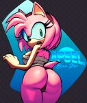  1girl absurd_res accessory amy_rose anthro apsel_bluestar ass breasts dat_ass eulipotyphlan female fur furry genitals green_eyes hair_accessory hairband hedgehog high_res looking_back mammal pink_body pink_fur pussy sega solo sonic_the_hedgehog_(series) suprised_look towel 