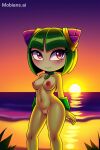  1girl ai_generated alien alien_girl alien_humanoid areola beach blush breasts cosmo_the_seedrian eyelashes female green_eyes green_hair humanoid leaf leaves legs mobians.ai multicolored_background navel nipples nude nude_female pink_areola pink_nipples plant plant_girl plant_humanoid reflection sea seaside seedrian sega short_hair small_breasts solo sonic_(series) sonic_the_hedgehog_(series) sonic_x sun sunset thick_thighs thighs 