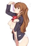  1girl bottomless breasts brown_eyes brown_hair chuunibyou_demo_koi_ga_shitai! condom cum cum_on_body cum_on_breasts cum_on_upper_body female hair_ornament hairclip haruhisky highres large_breasts long_hair looking_at_viewer nibutani_shinka nipples open_clothes paw_pose pubic_hair school_uniform simple_background solo tongue tongue_out used_condom white_background 