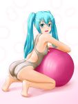  1girl aqua_eyes aqua_hair ass ball barefoot exercise_ball feet female hatsune_miku long_hair looking_back one-piece_swimsuit open_mouth soles solo swimsuit tk4 twintails vocaloid 