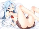  1girl bare_legs bare_shoulders barefoot bed blue_eyes blue_hair blush covering covering_breasts denpa_onna_to_seishun_otoko female flat_chest hand_on_own_chest hand_to_chest kazunari kazunari_(kazyar) kazyar legs legs_up light_smile long_hair lying on_back open_clothes open_shirt pillow shirt smile solo touwa_erio 